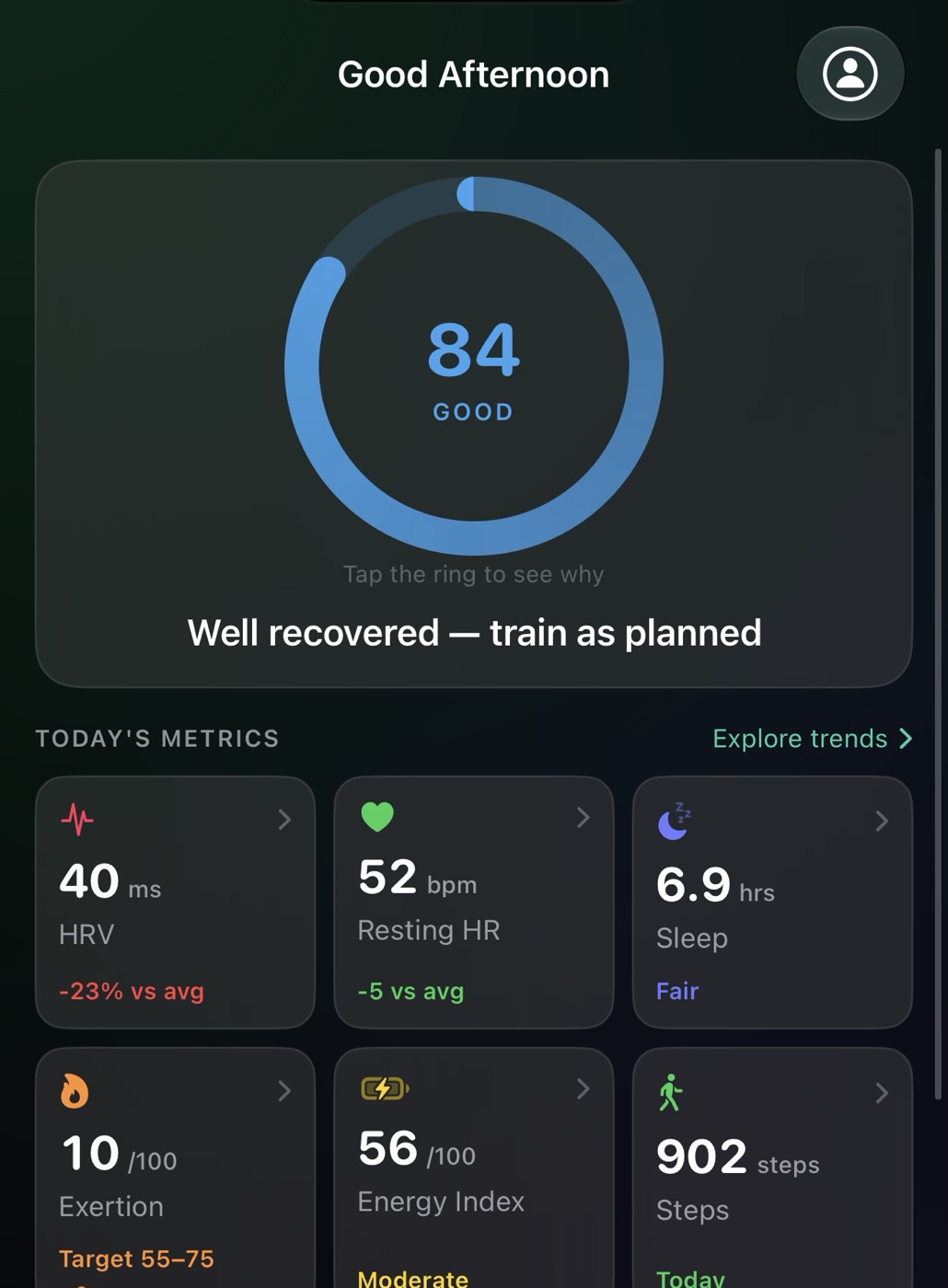 Urja Today screen showing a readiness ring reading 84 Good with the line Well recovered — train as planned, above metric tiles for HRV 40 milliseconds at minus 23 percent versus average, resting heart rate 52 at minus 5 versus average, sleep 6.9 hours rated Fair, exertion 10 of 100 against a 55 to 75 target, Energy Index 56 Moderate, and 902 steps