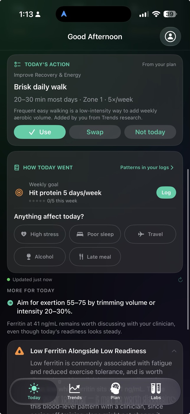Urja Today screen: Today's Action card offering a brisk daily walk with Use, Swap, and Not today buttons, a weekly protein goal with a Log button, journal tags like High stress and Poor sleep, an exertion target line, and a ferritin insight deferring to a clinician