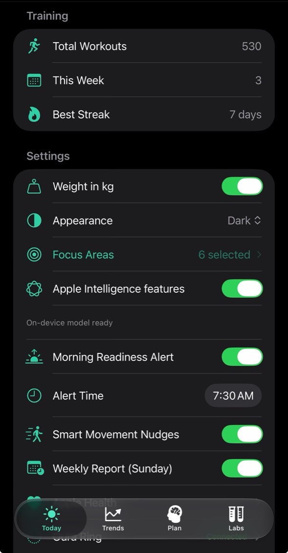 Urja Profile settings: training totals, weight units, appearance, focus areas, Apple Intelligence features with on-device model ready, morning readiness alert with time, movement nudges, and the weekly report toggle
